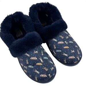 OBS Skechers Womens 7 Slippers Cat Umbrella Print Navy Faux Fur Memory Foam